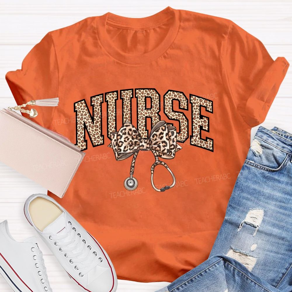 Leopard-Print Bow Stethoscope School Nurse Teacher T-Shirt
