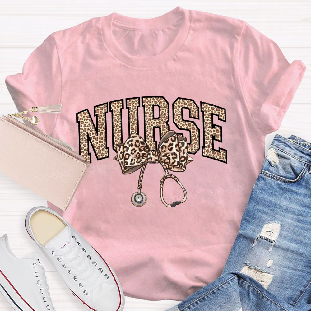 Leopard-Print Bow Stethoscope School Nurse Teacher T-Shirt