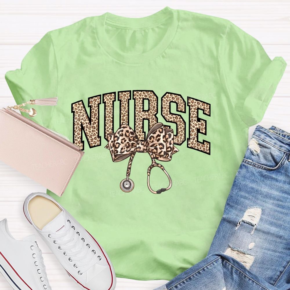 Leopard-Print Bow Stethoscope School Nurse Teacher T-Shirt