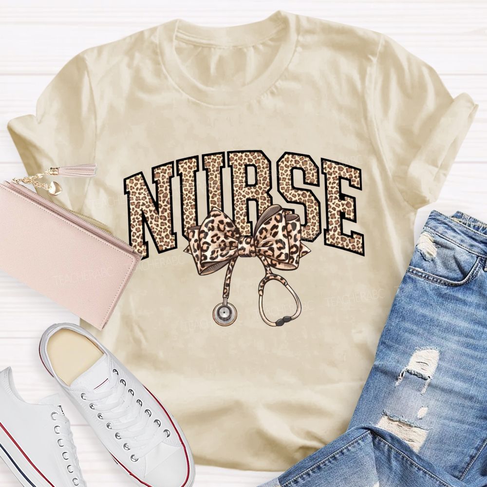 Leopard-Print Bow Stethoscope School Nurse Teacher T-Shirt