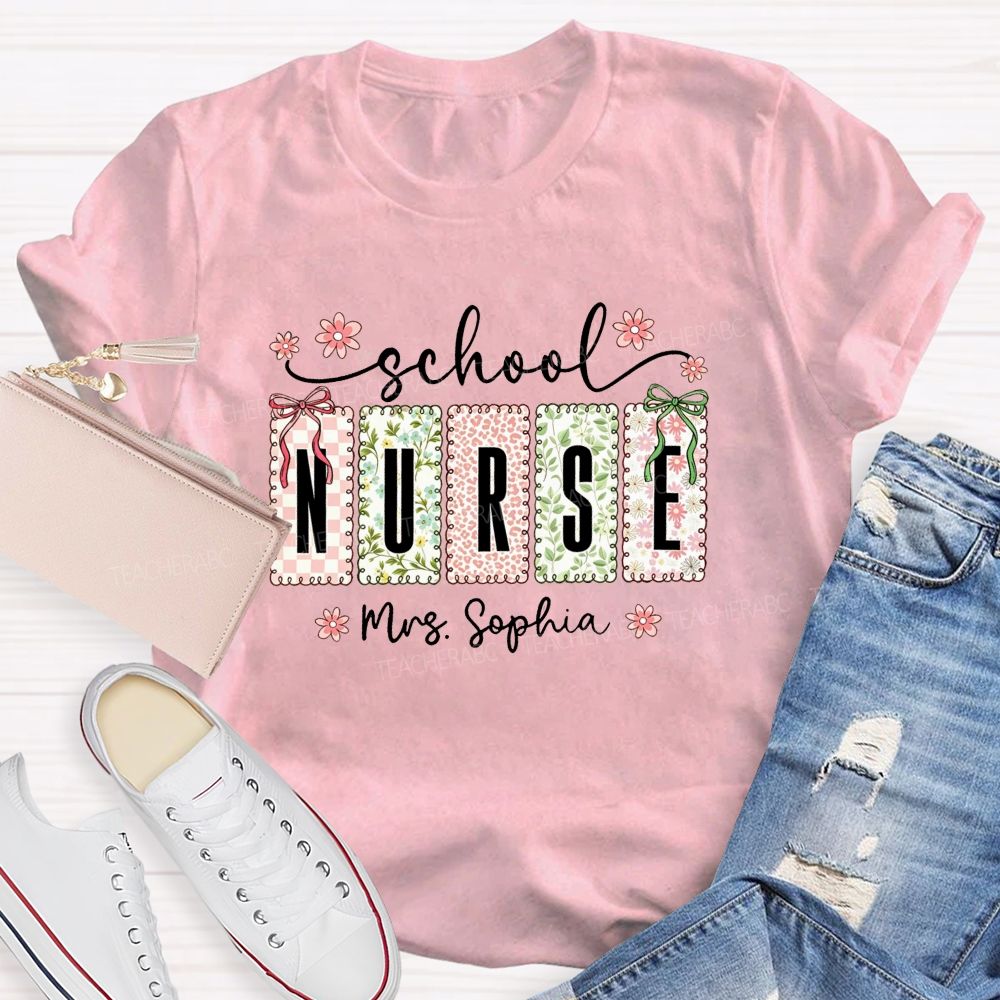 Personalized School Nurse Name Pink Flower Teacher T-Shirt