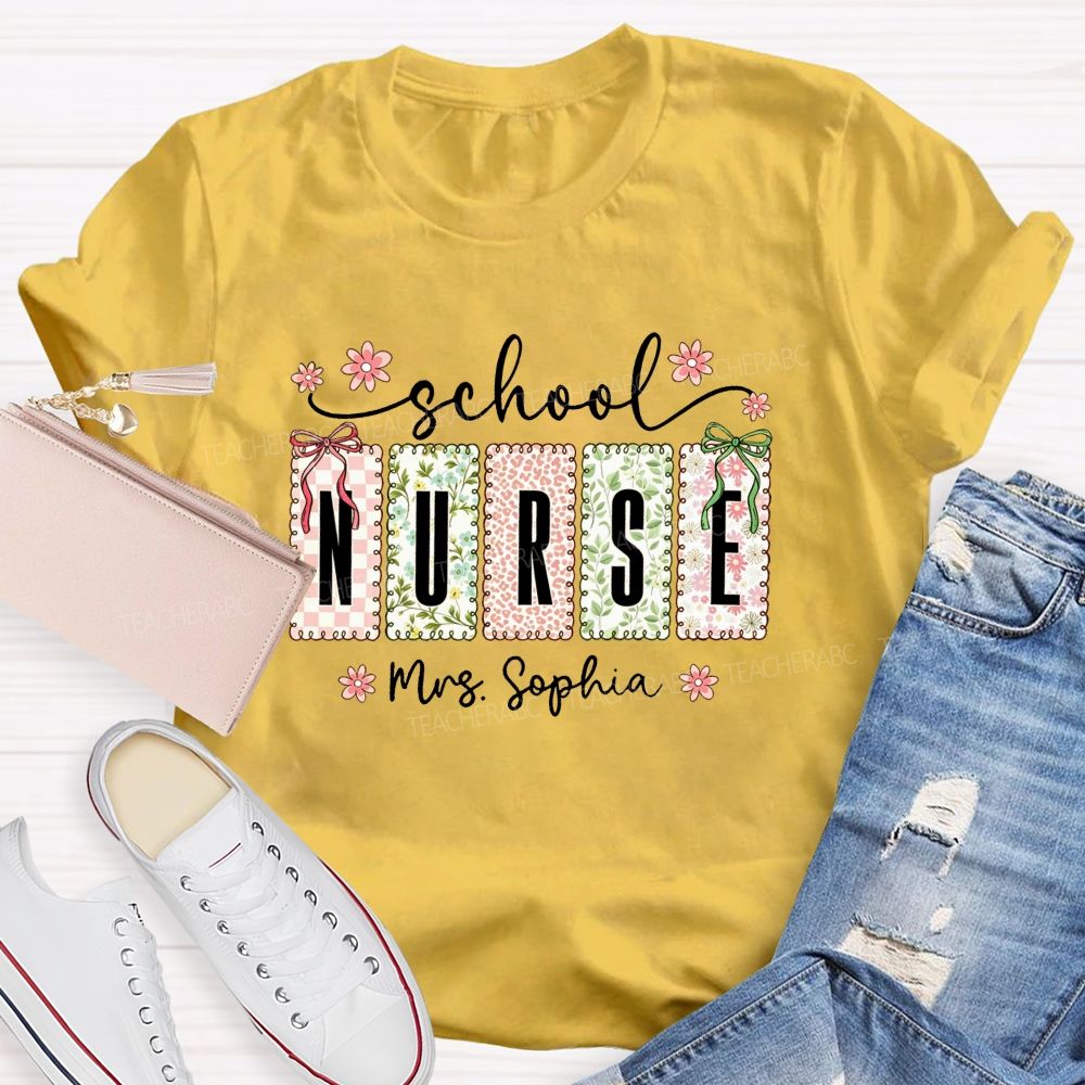 Personalized School Nurse Name Pink Flower Teacher T-Shirt