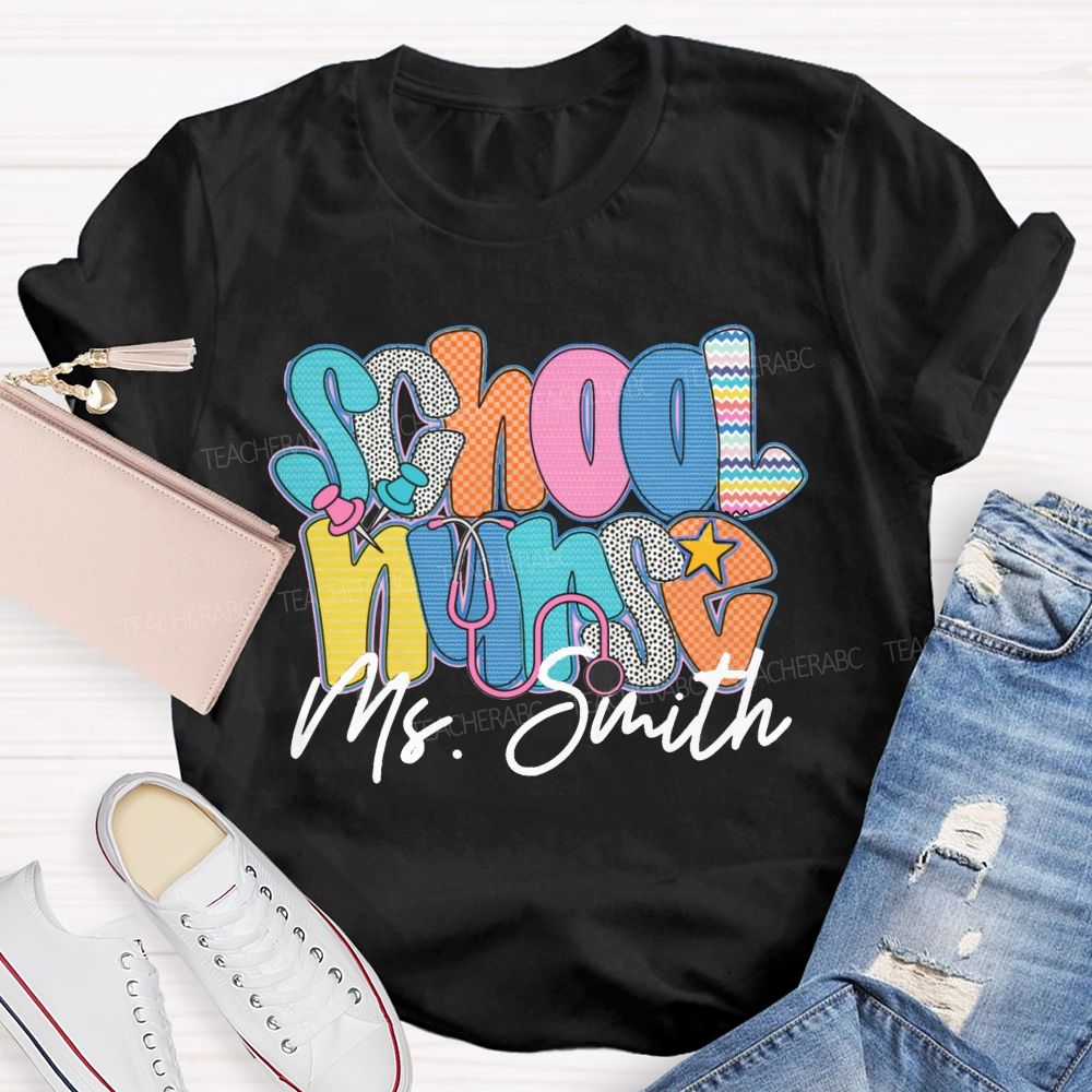 Personalized Name School Nurse Colorful Wavy Lines Teacher T-Shirt