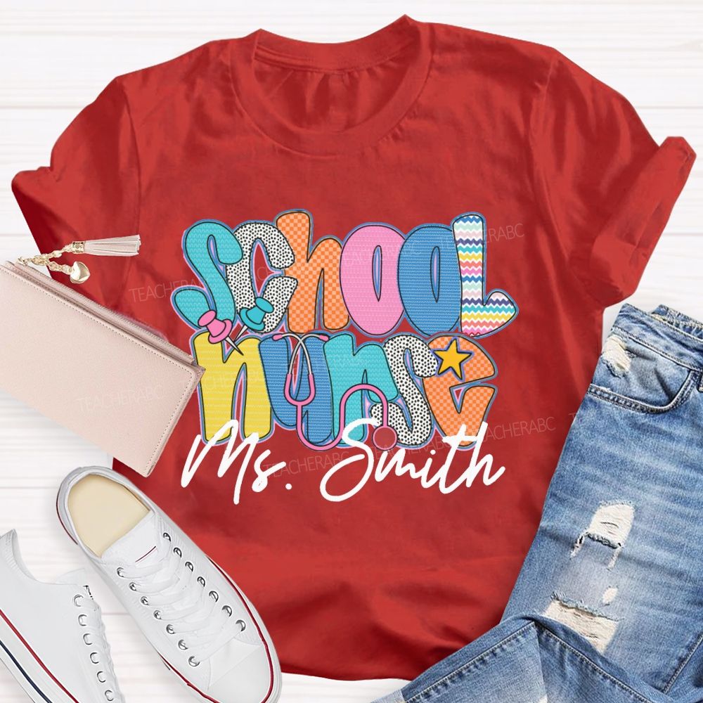 Personalized Name School Nurse Colorful Wavy Lines Teacher T-Shirt