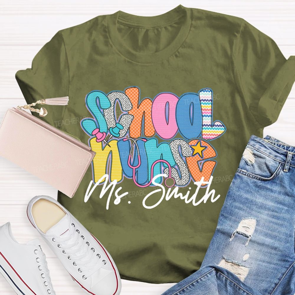 Personalized Name School Nurse Colorful Wavy Lines Teacher T-Shirt