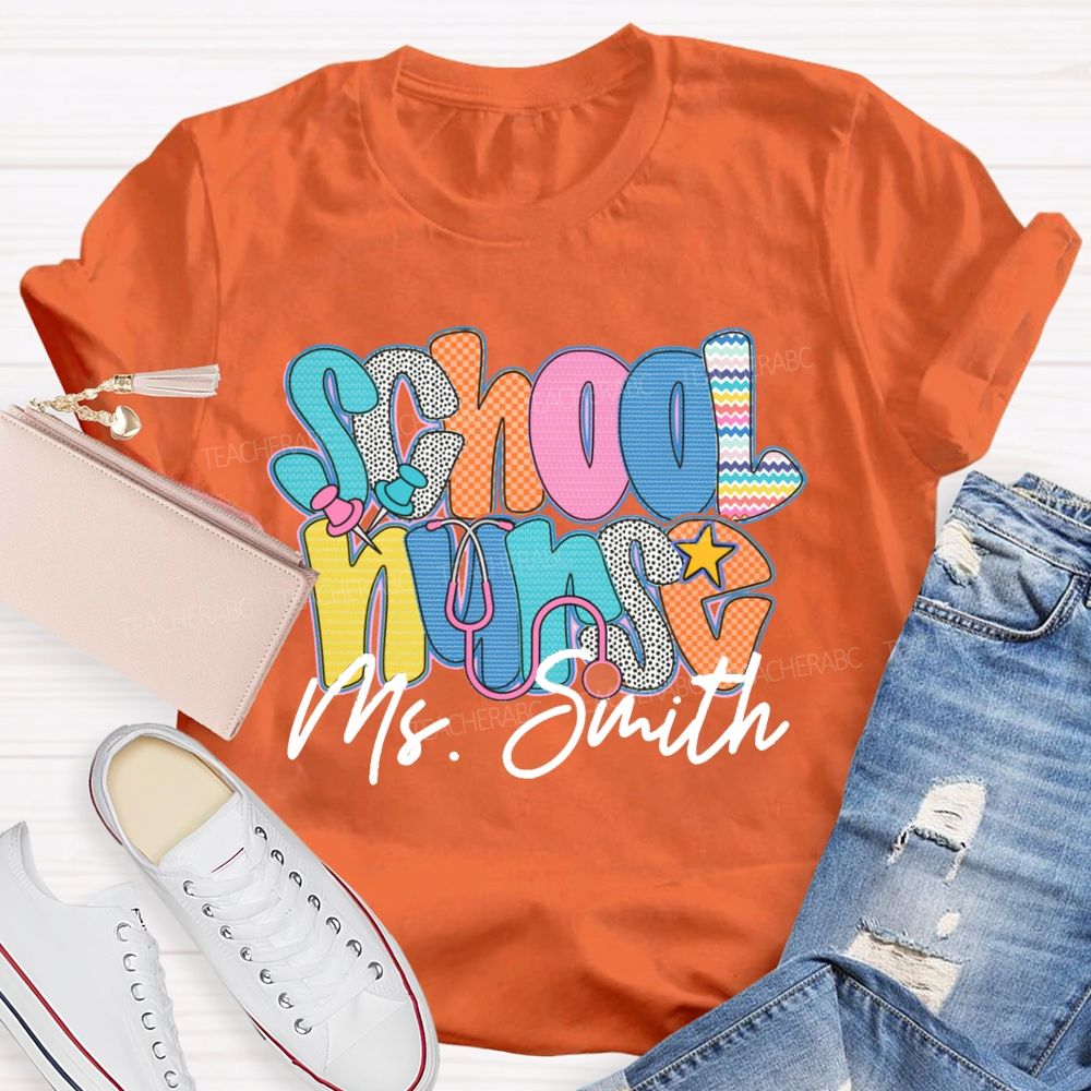 Personalized Name School Nurse Colorful Wavy Lines Teacher T-Shirt