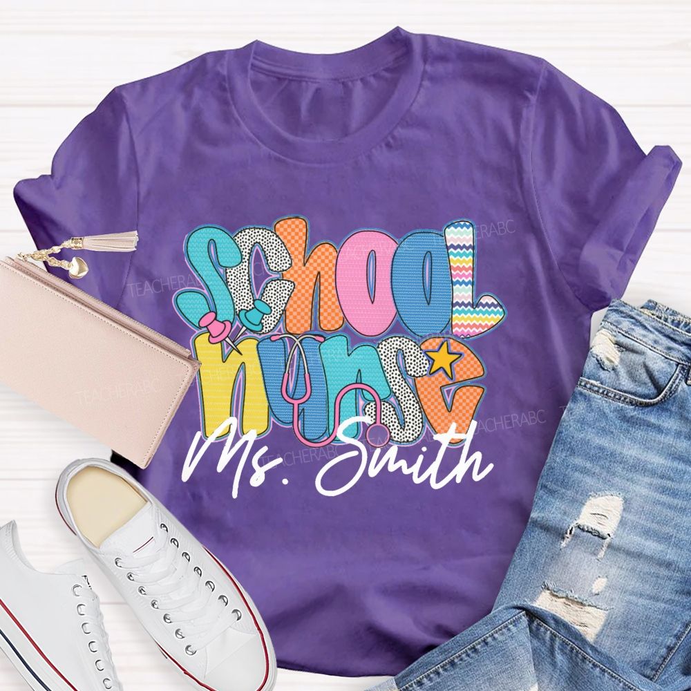 Personalized Name School Nurse Colorful Wavy Lines Teacher T-Shirt