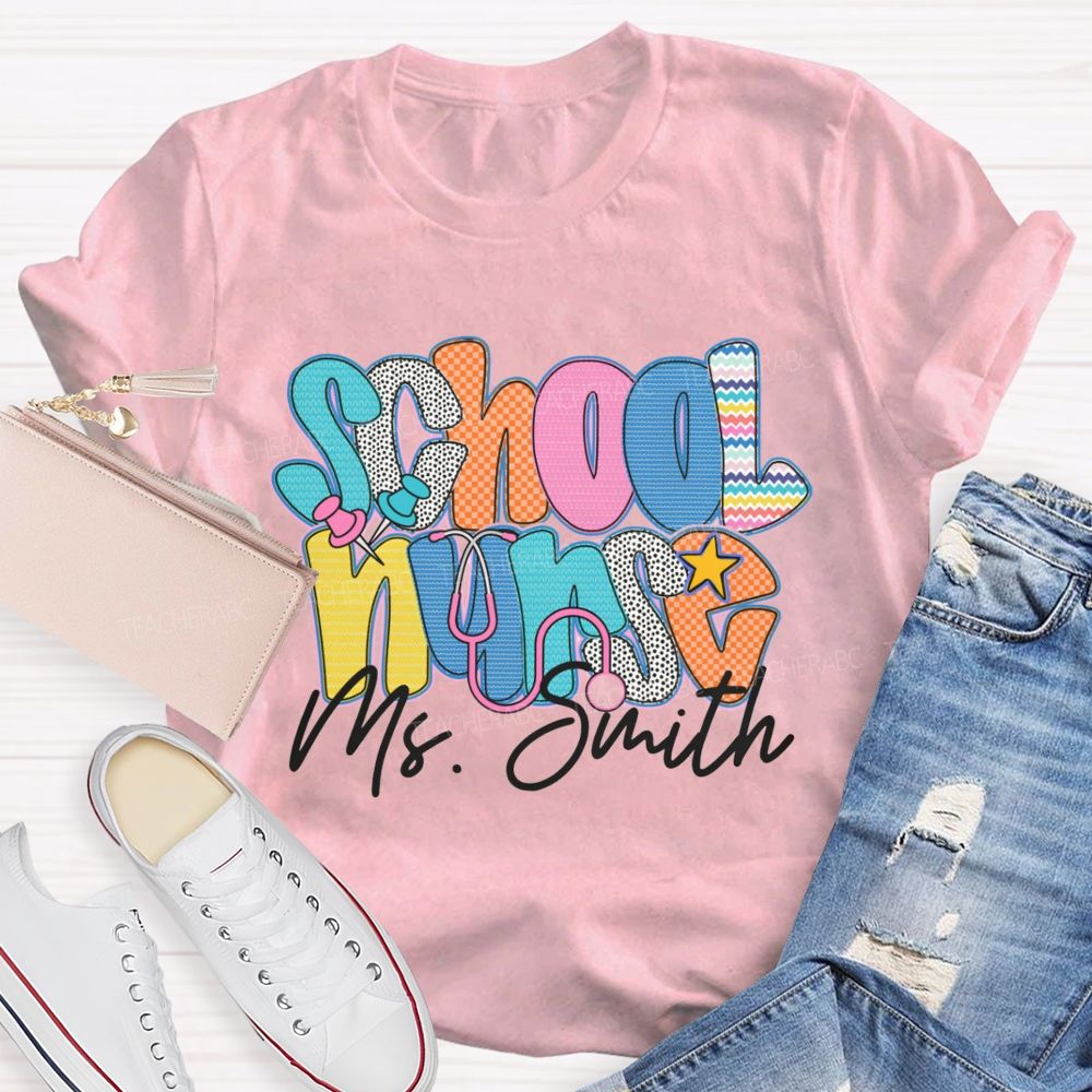 Personalized Name School Nurse Colorful Wavy Lines Teacher T-Shirt