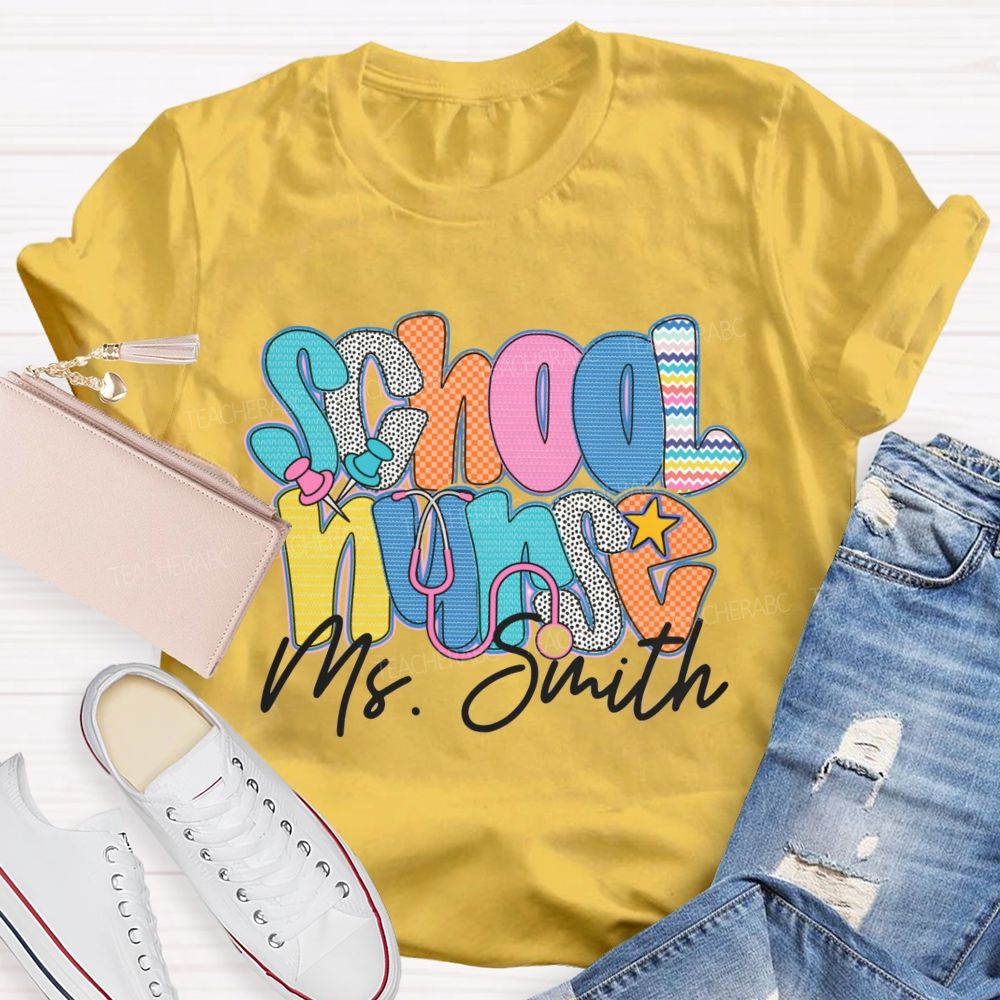Personalized Name School Nurse Colorful Wavy Lines Teacher T-Shirt