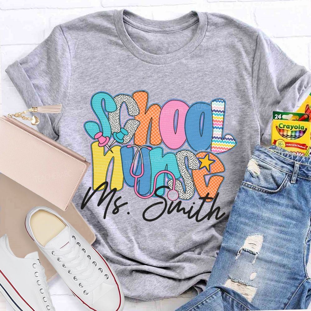 Personalized Name School Nurse Colorful Wavy Lines Teacher T-Shirt