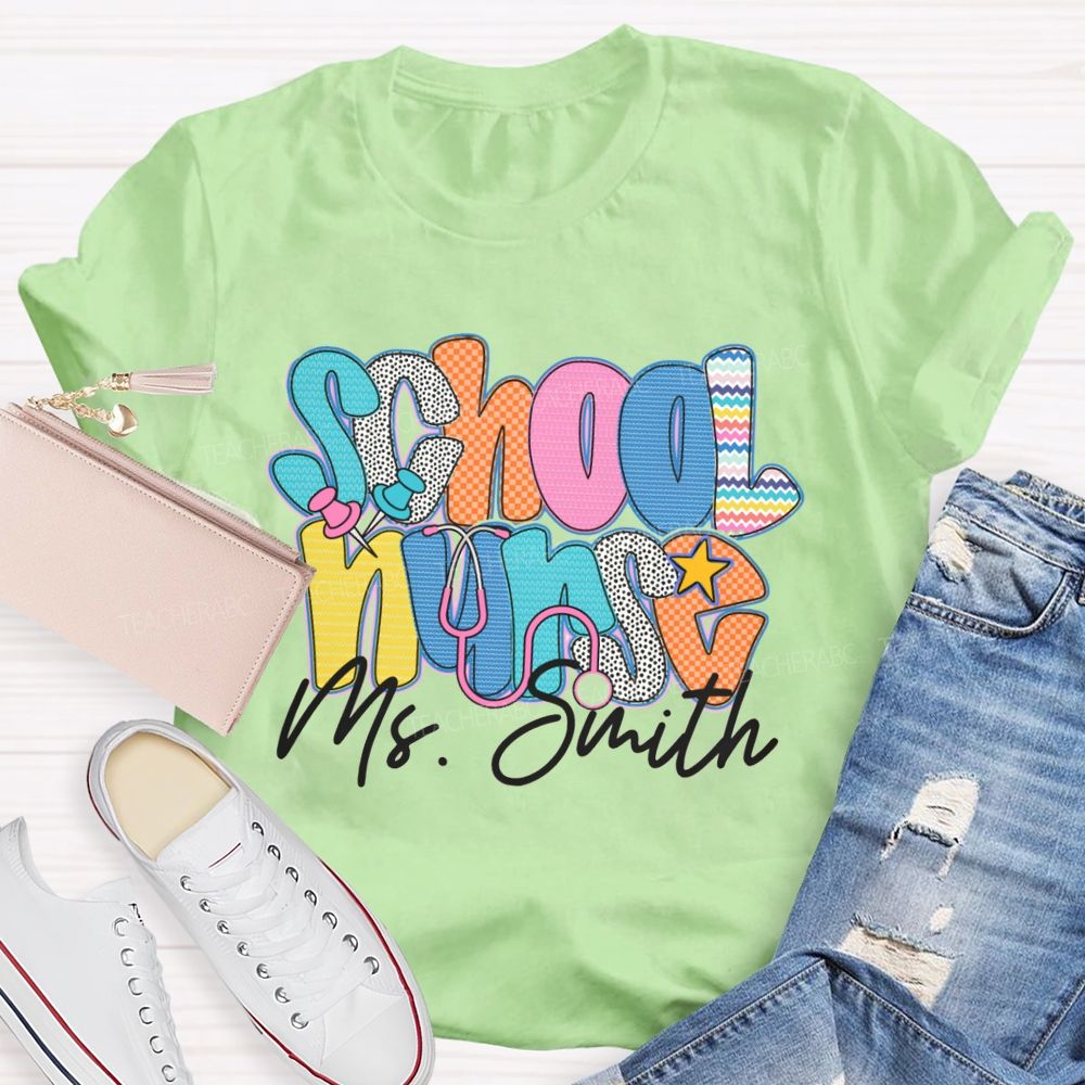 Personalized Name School Nurse Colorful Wavy Lines Teacher T-Shirt