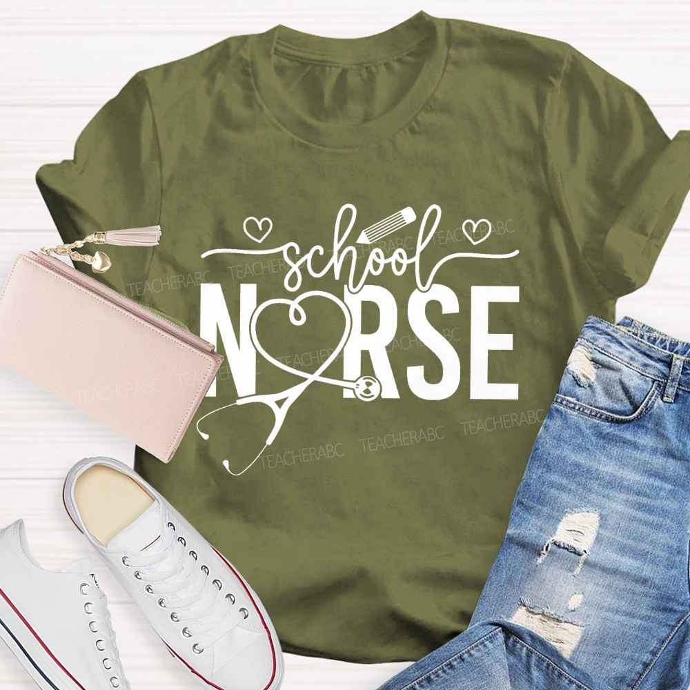 School Nurse Heart-Shaped Stethoscope Teacher T-Shirt