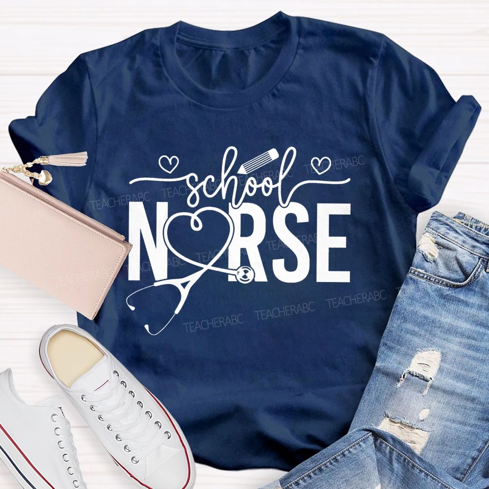 School Nurse Heart-Shaped Stethoscope Teacher T-Shirt