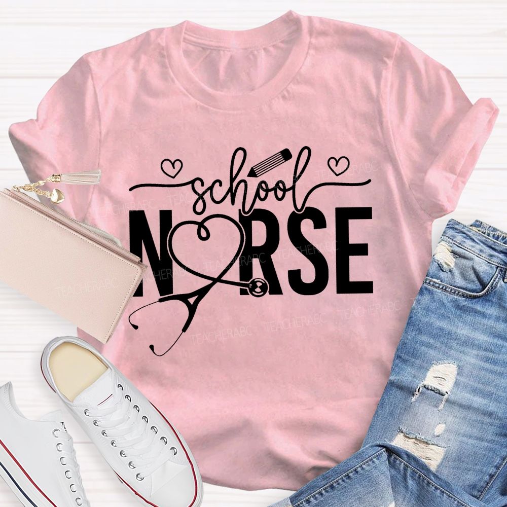School Nurse Heart-Shaped Stethoscope Teacher T-Shirt