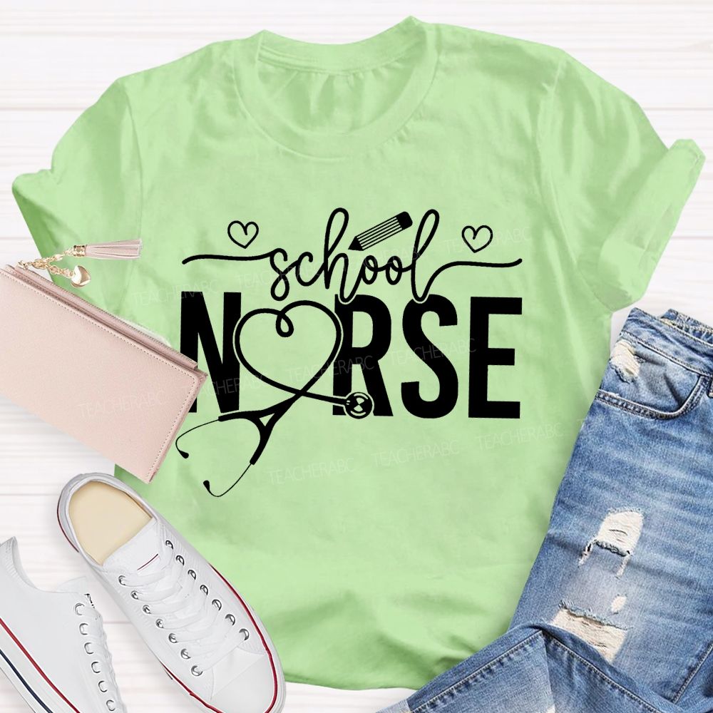 School Nurse Heart-Shaped Stethoscope Teacher T-Shirt