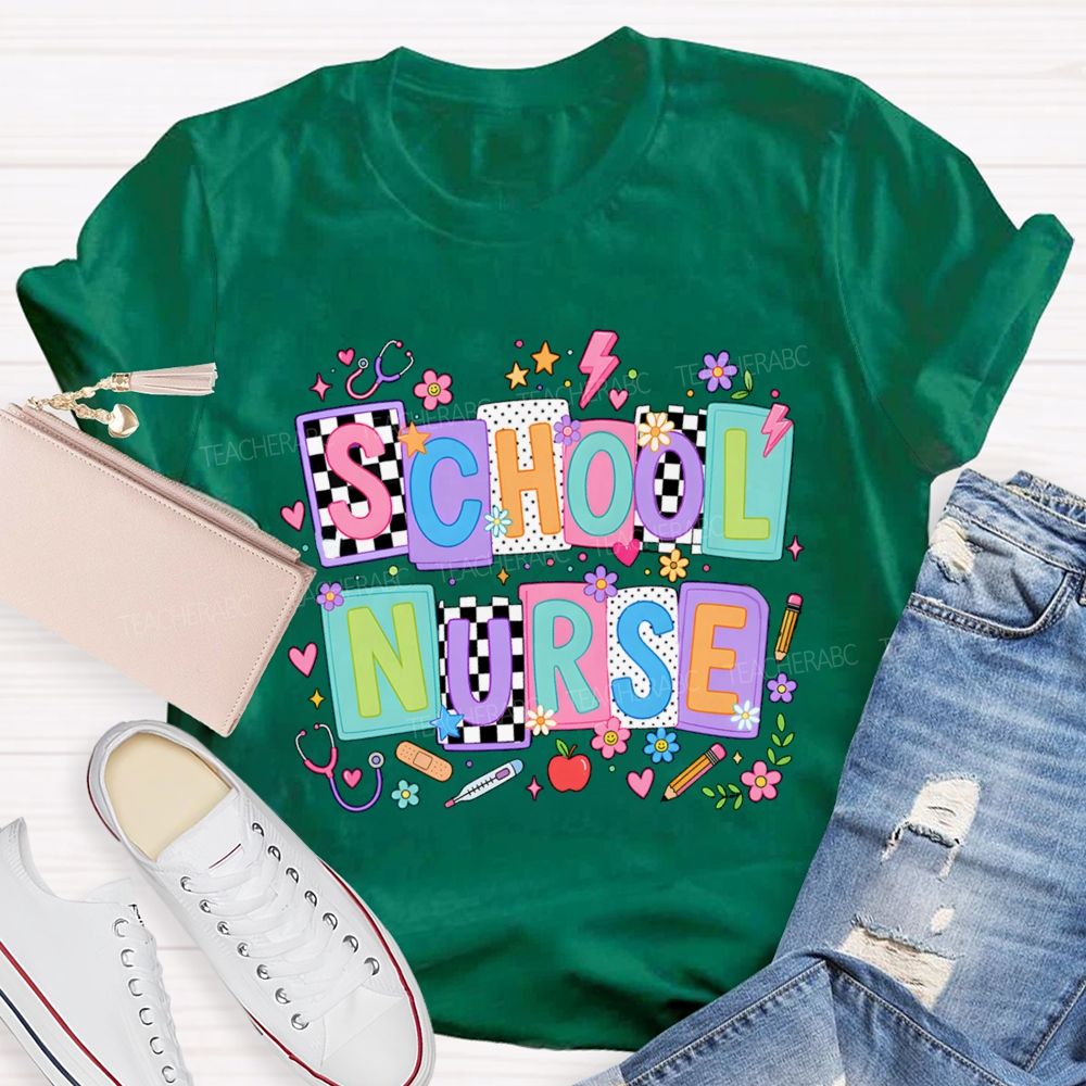 School Nurse Colored Blocks Teacher T-Shirt