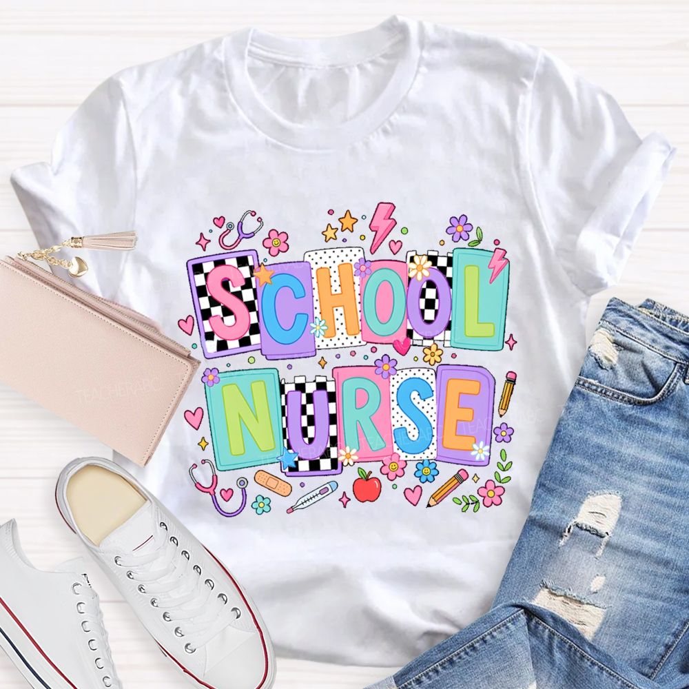 School Nurse Colored Blocks Teacher T-Shirt