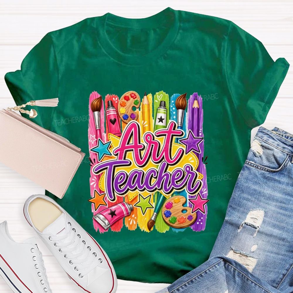 Colorful Art Teacher Paint Brush Palette Artist Teacher T-shirt