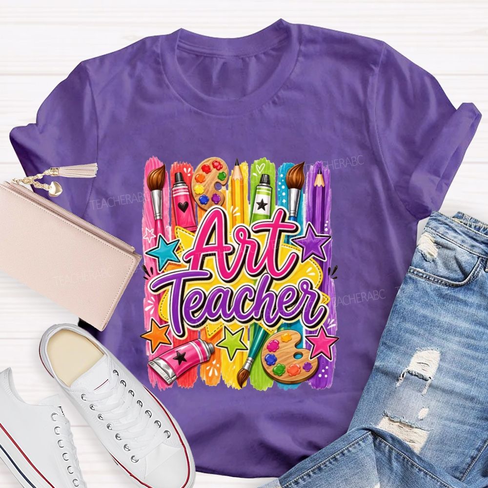 Colorful Art Teacher Paint Brush Palette Artist Teacher T-shirt