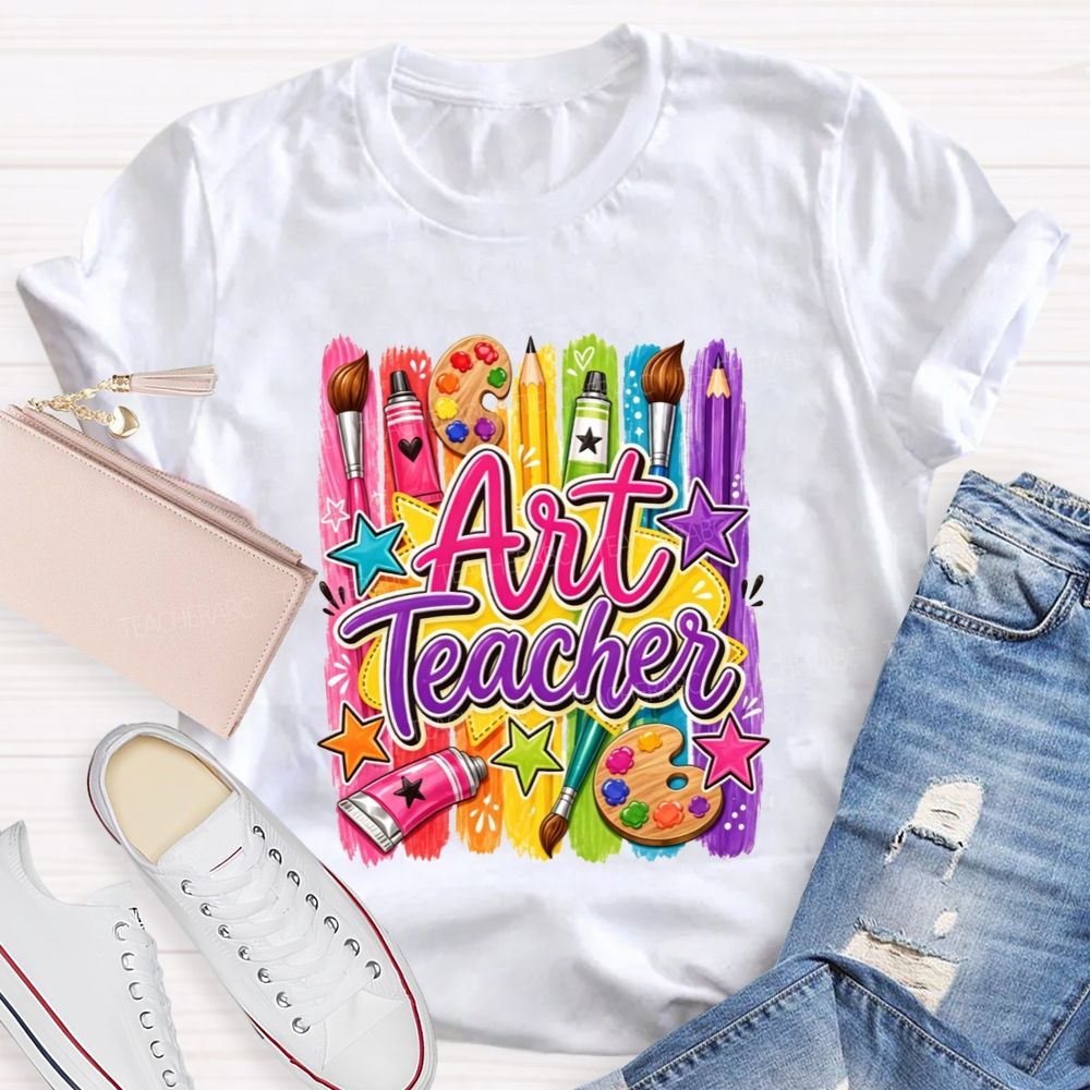 Colorful Art Teacher Paint Brush Palette Artist Teacher T-shirt