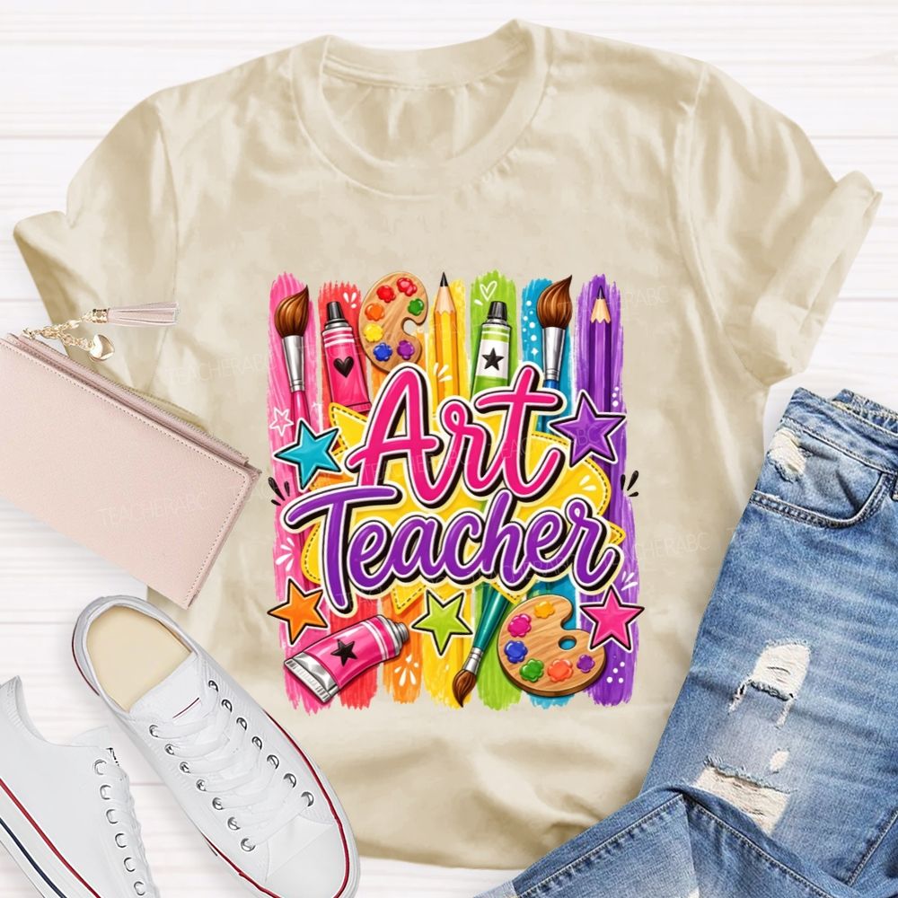 Colorful Art Teacher Paint Brush Palette Artist Teacher T-shirt
