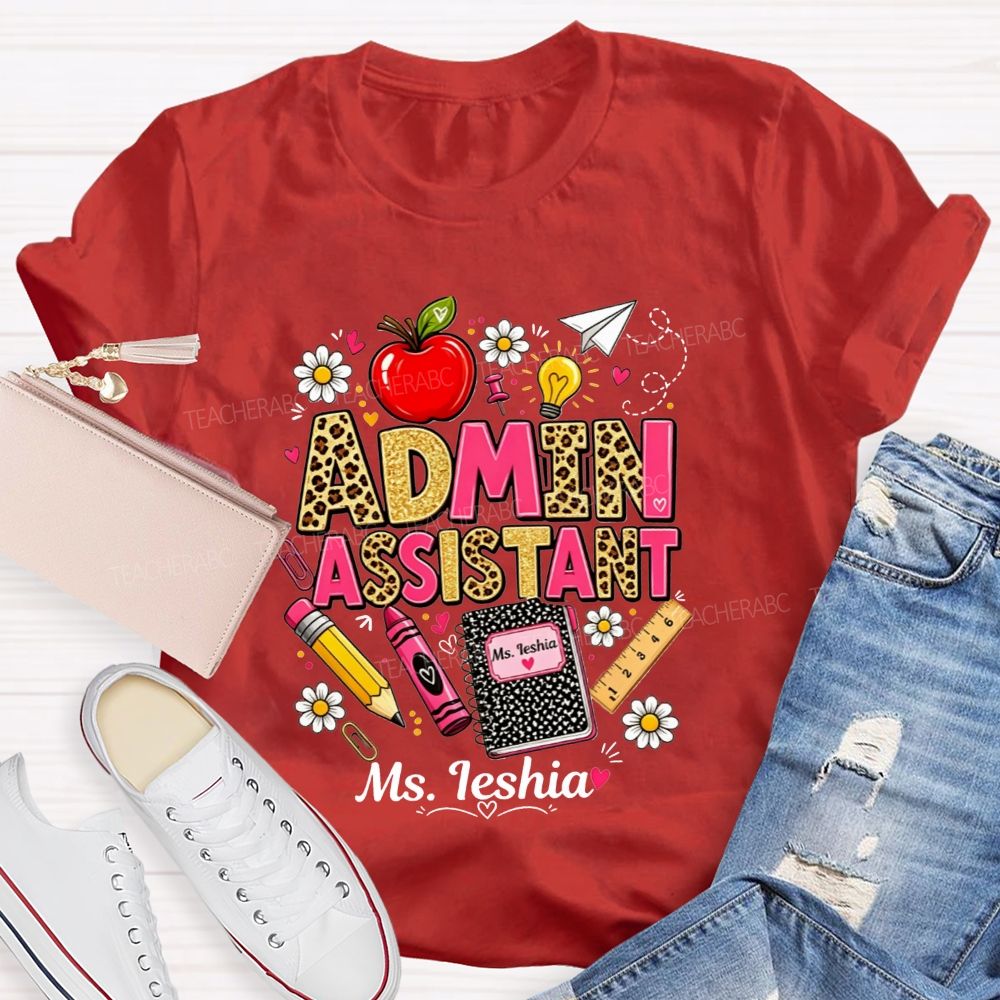 Personalized Name Admin Assistant Leopard Glitter Teacher T-shirt
