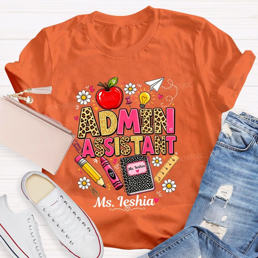 Personalized Name Admin Assistant Leopard Glitter Teacher T-shirt