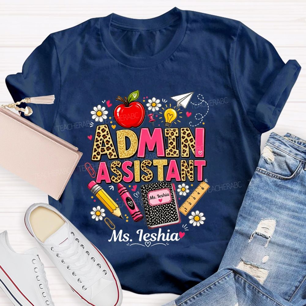Personalized Name Admin Assistant Leopard Glitter Teacher T-shirt