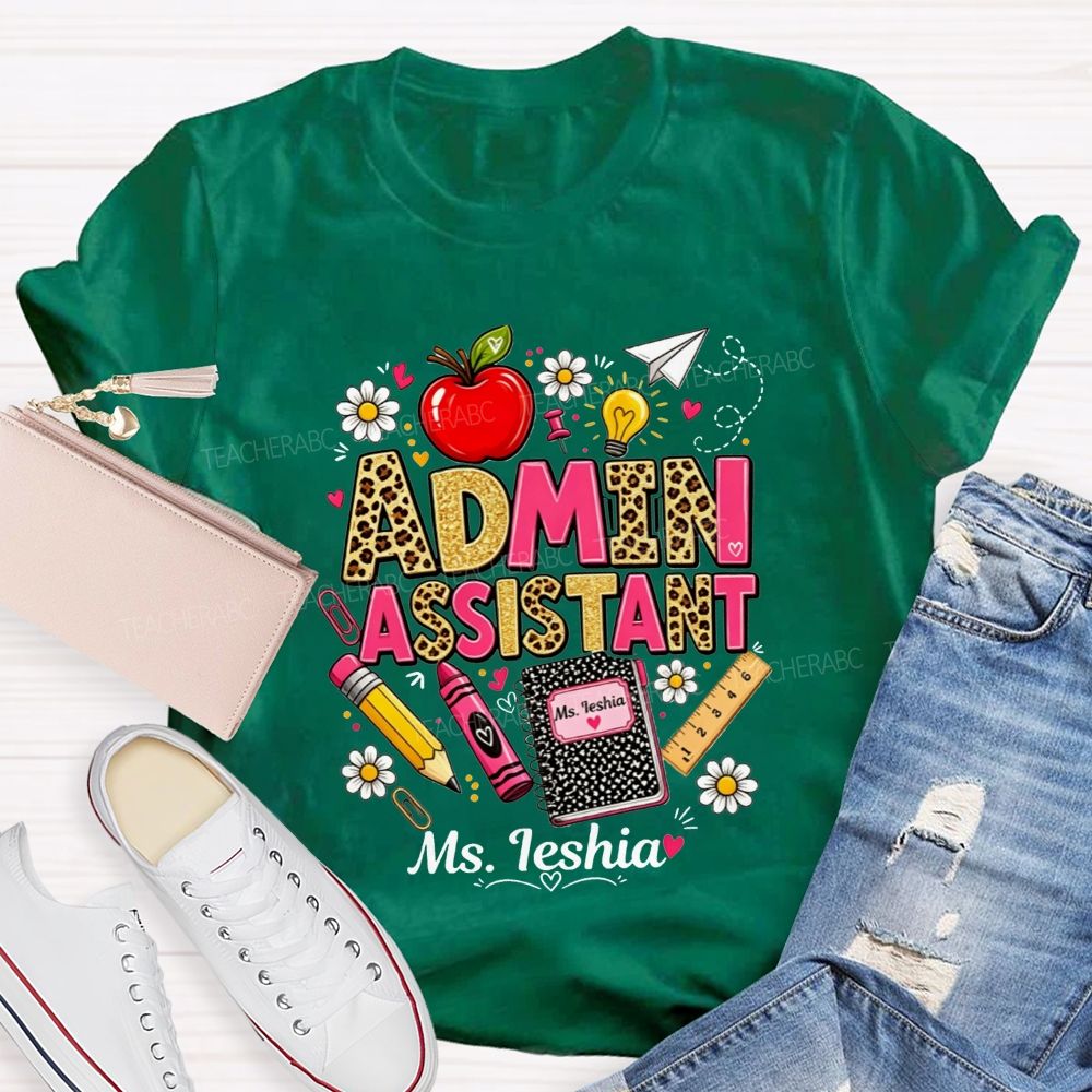 Personalized Name Admin Assistant Leopard Glitter Teacher T-shirt