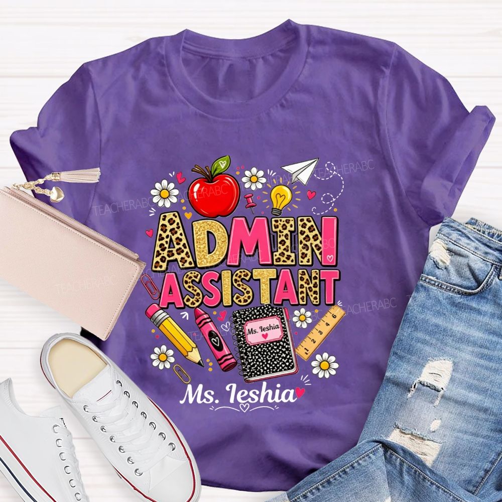 Personalized Name Admin Assistant Leopard Glitter Teacher T-shirt