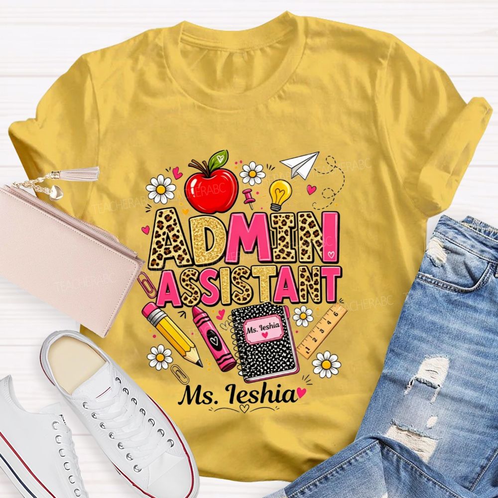 Personalized Name Admin Assistant Leopard Glitter Teacher T-shirt