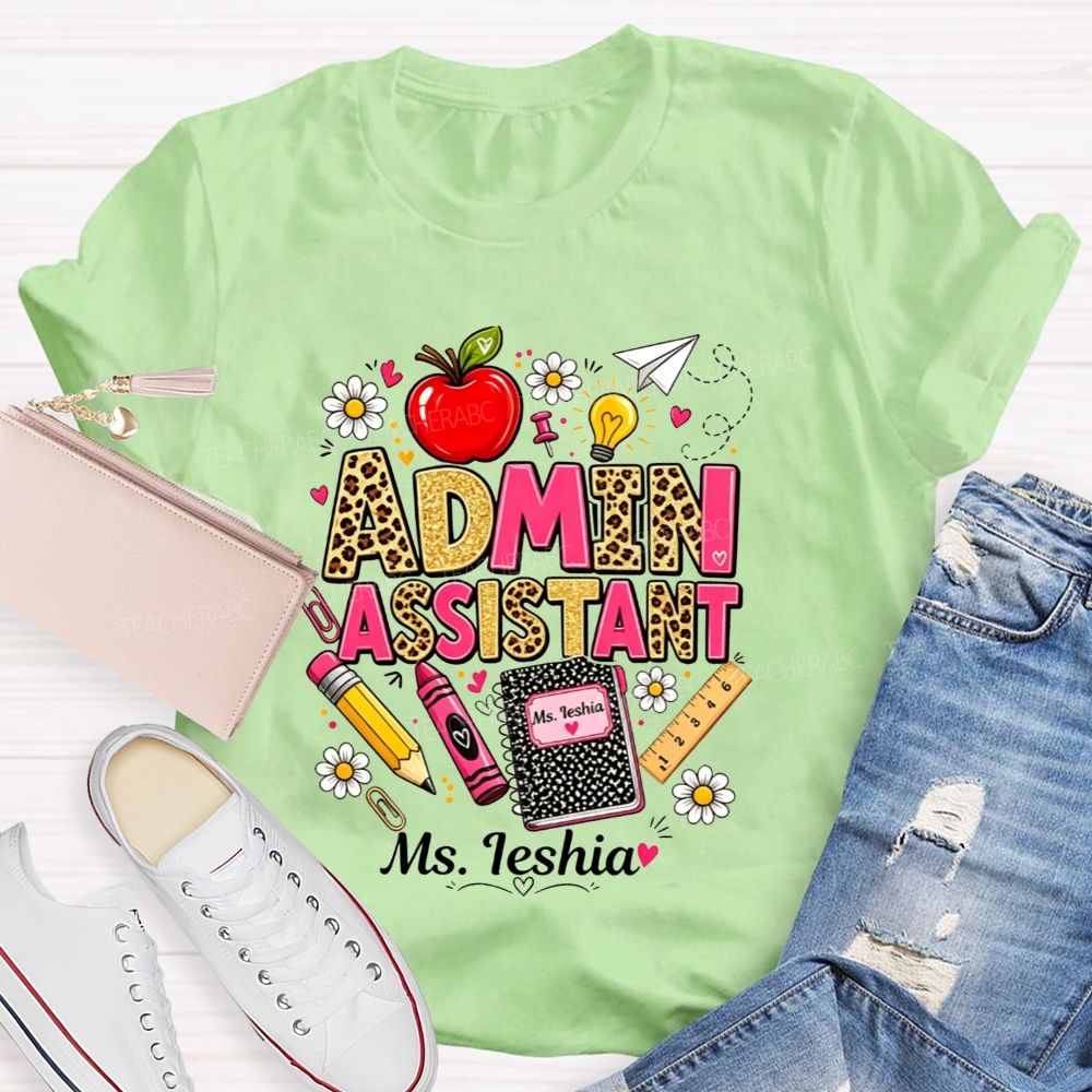 Personalized Name Admin Assistant Leopard Glitter Teacher T-shirt