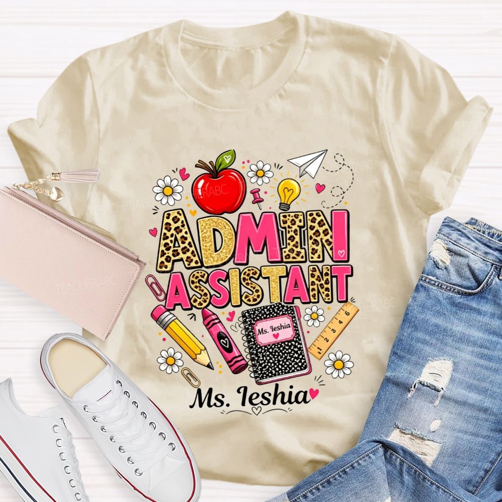 Personalized Name Admin Assistant Leopard Glitter Teacher T-shirt