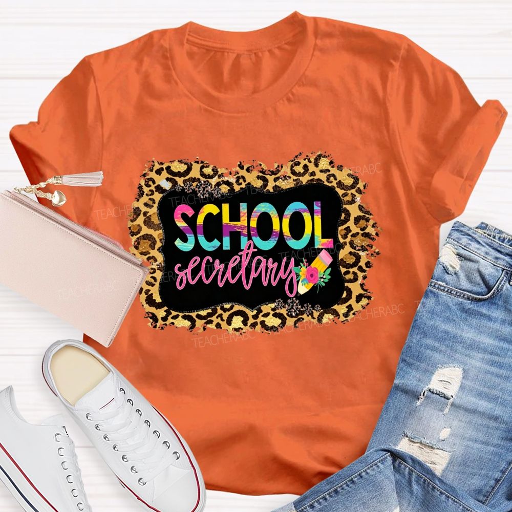 School Secretary Leopard Distressed Rainbow Gradient T-shirt