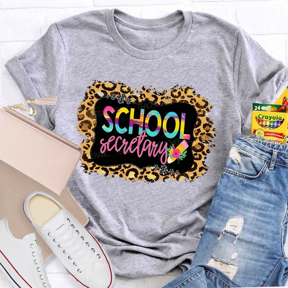 School Secretary Leopard Distressed Rainbow Gradient T-shirt