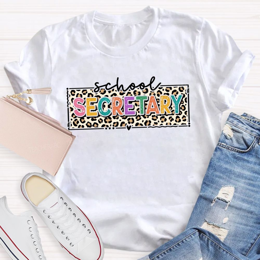 School Secretary Heart Accent Leopard Print T-shirt