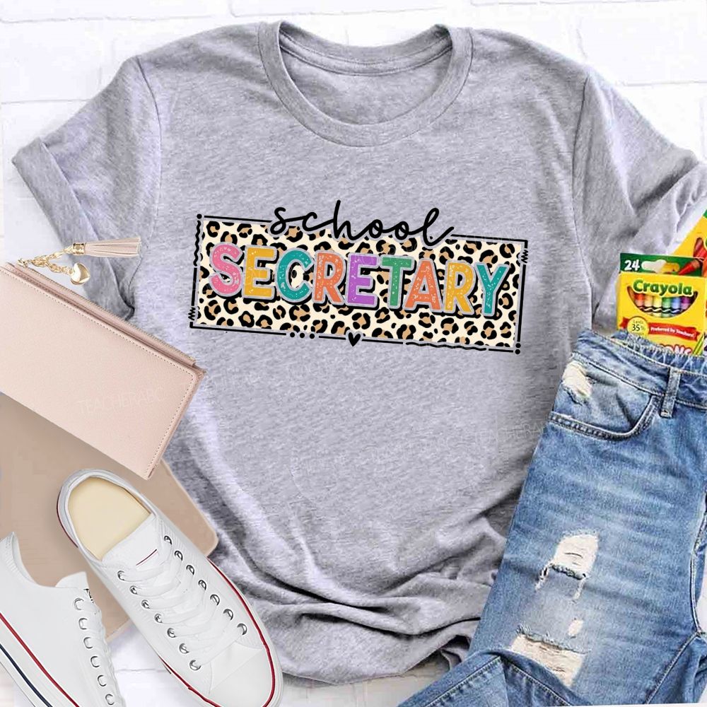 School Secretary Heart Accent Leopard Print T-shirt
