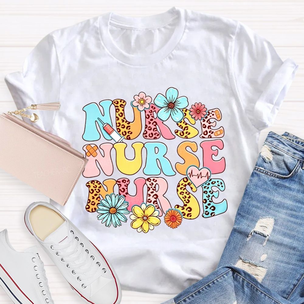 School Nurse Colorful Leopard Print And Flowers T-shirt