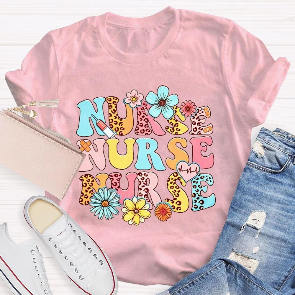 School Nurse Colorful Leopard Print And Flowers T-shirt