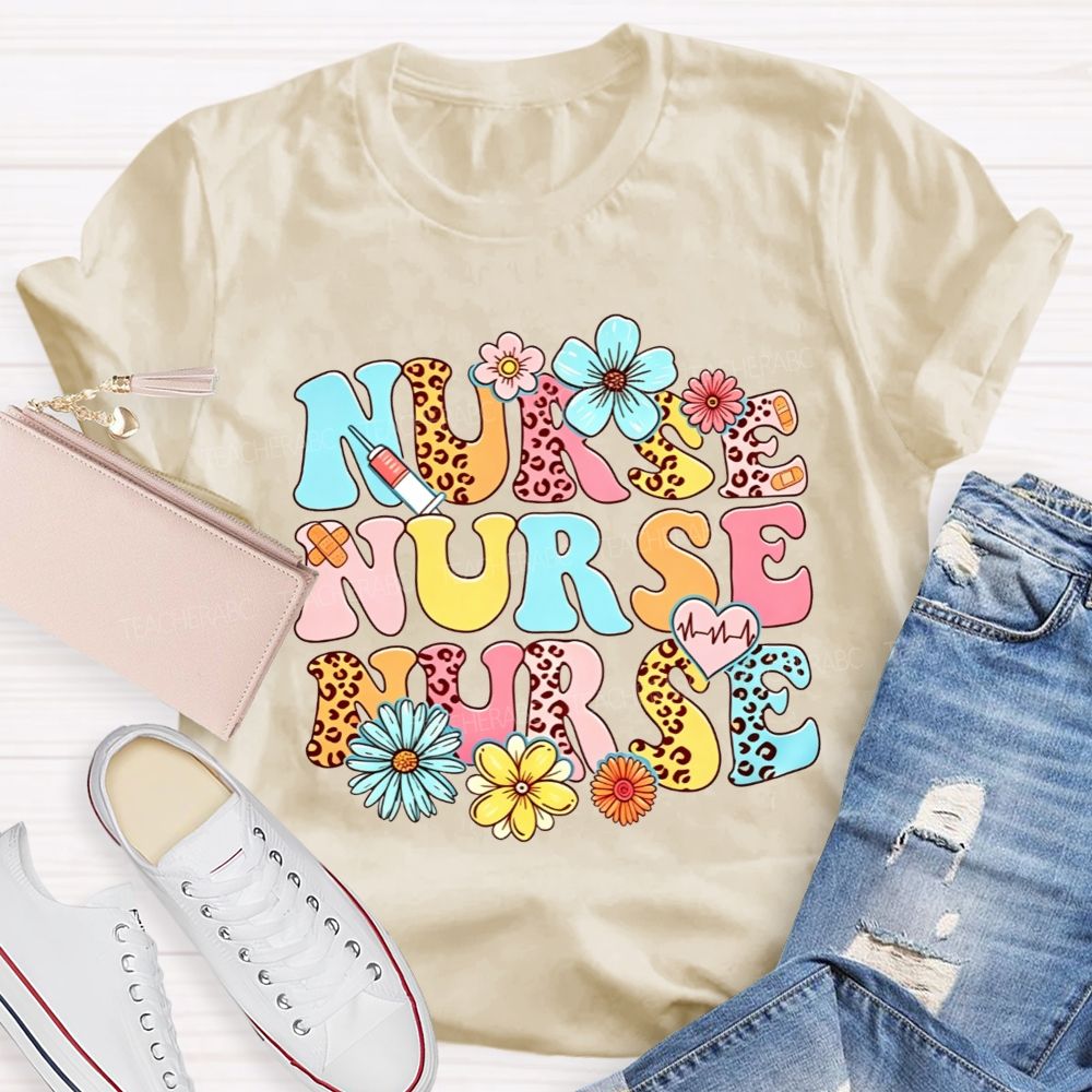 School Nurse Colorful Leopard Print And Flowers T-shirt