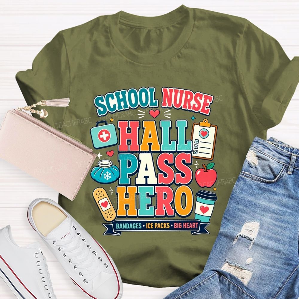 School Nurse Hall Pass Hero Bandages Ice Packs Big Heart T-shirt