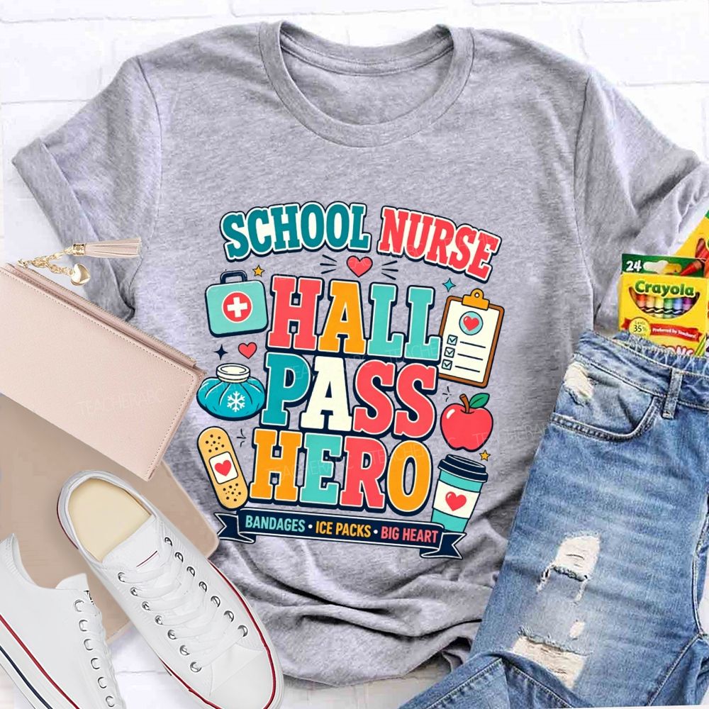 School Nurse Hall Pass Hero Bandages Ice Packs Big Heart T-shirt