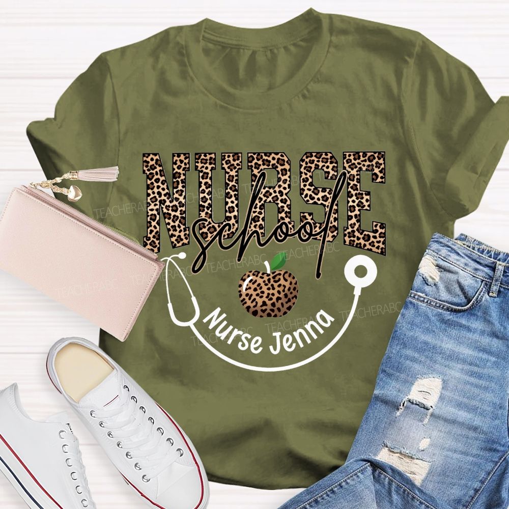 Personalized Name School Nurse Stethoscope Apple And Leopard T-shirt
