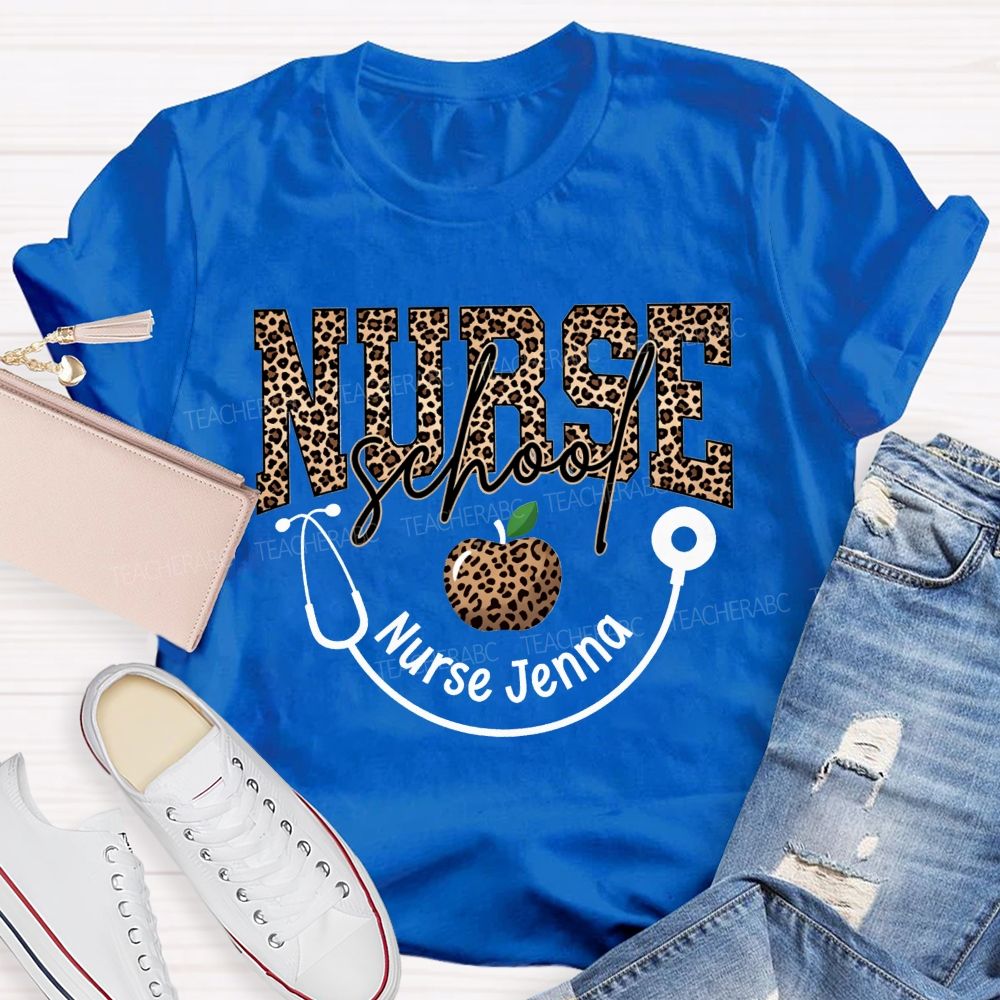 Personalized Name School Nurse Stethoscope Apple And Leopard T-shirt