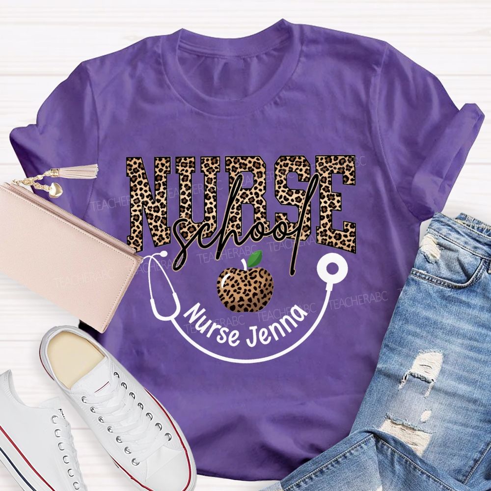 Personalized Name School Nurse Stethoscope Apple And Leopard T-shirt