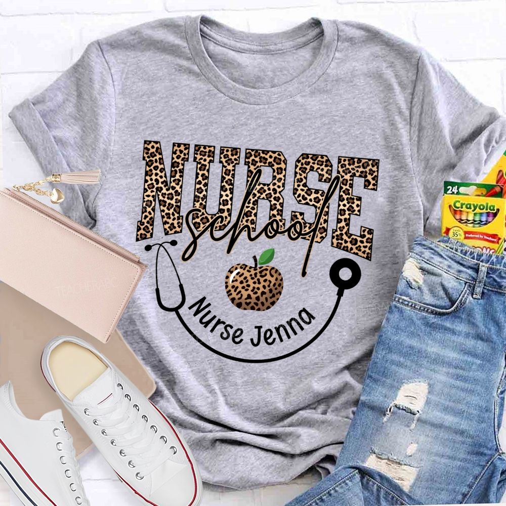 Personalized Name School Nurse Stethoscope Apple And Leopard T-shirt