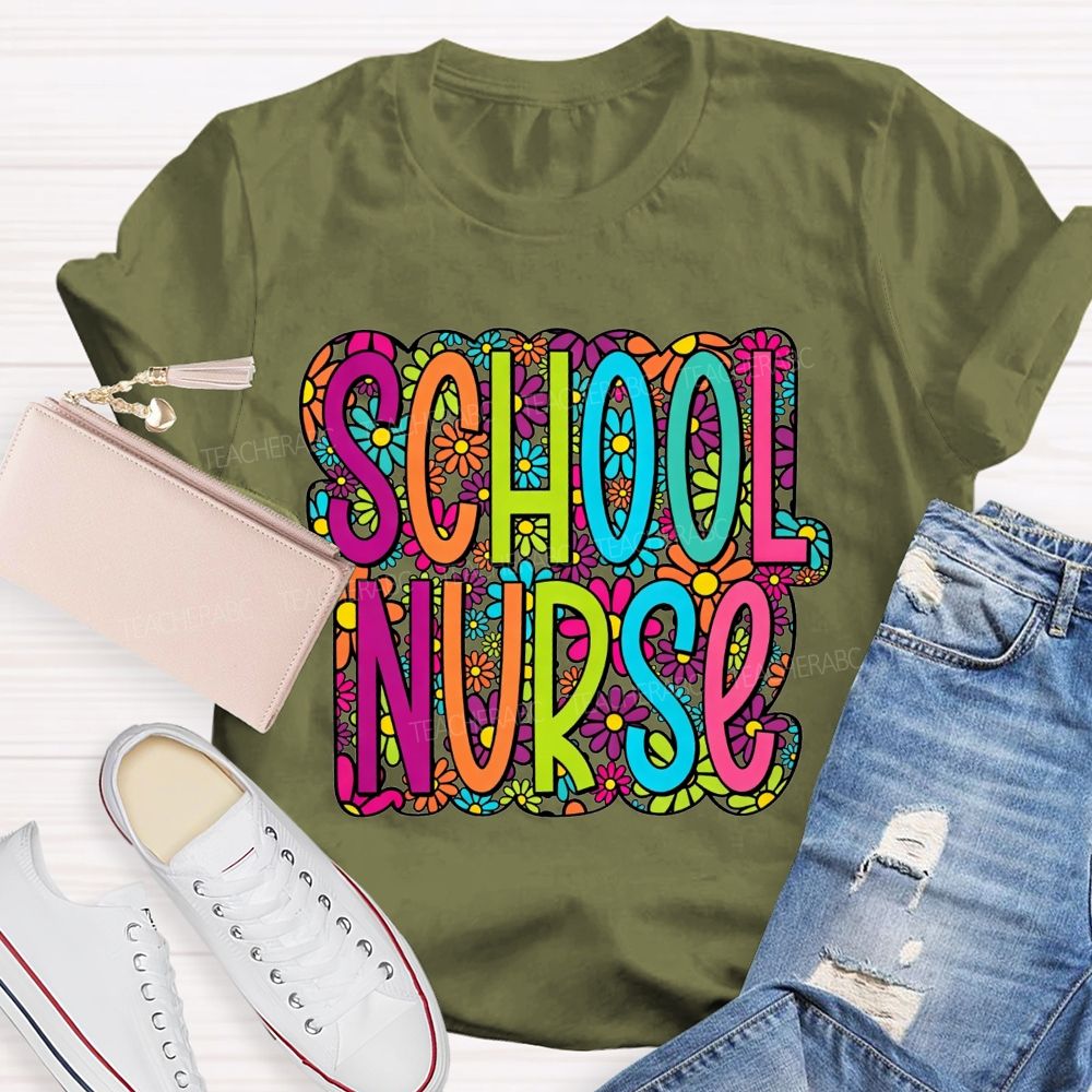 School Nurse Bright Multicolor Floral Letter Wildflower T-shirt