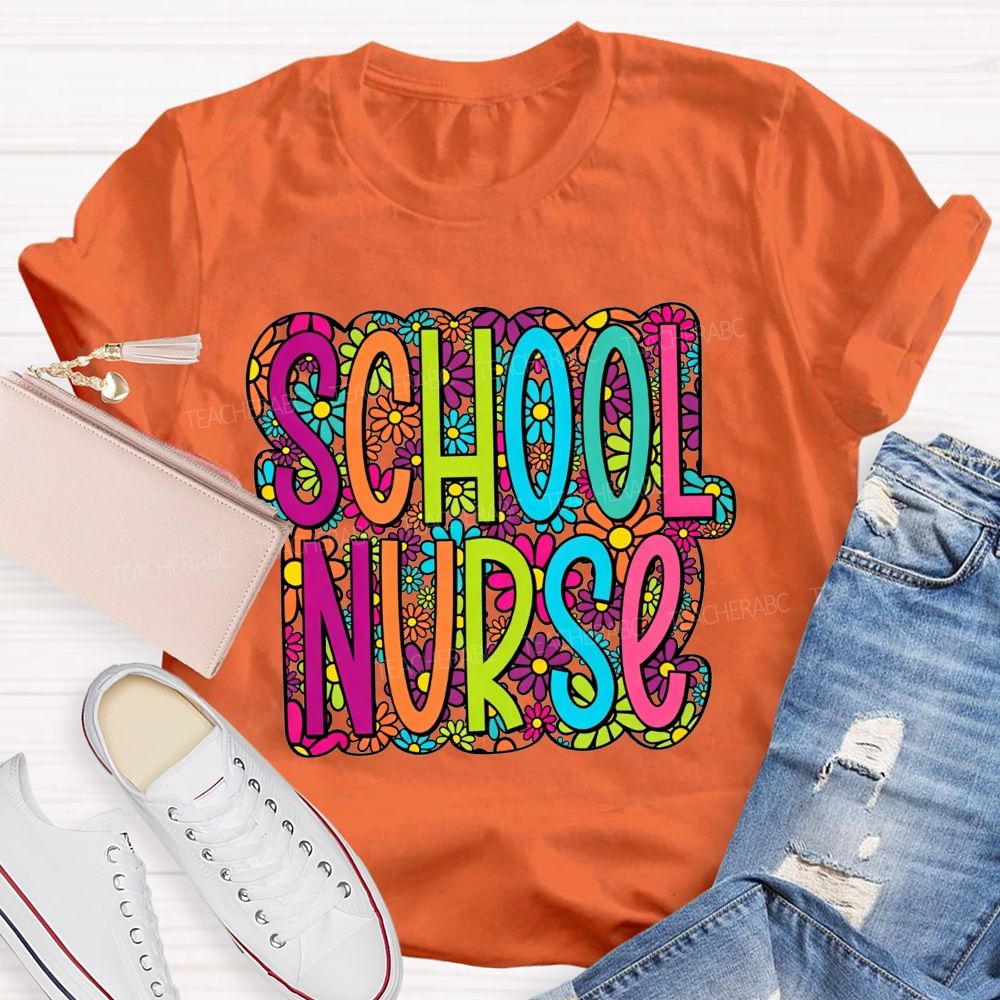 School Nurse Bright Multicolor Floral Letter Wildflower T-shirt