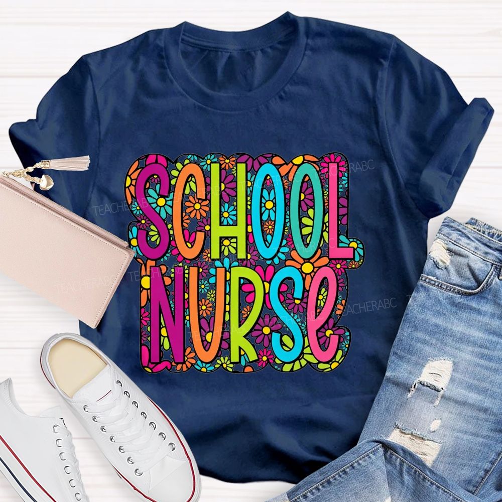 School Nurse Bright Multicolor Floral Letter Wildflower T-shirt