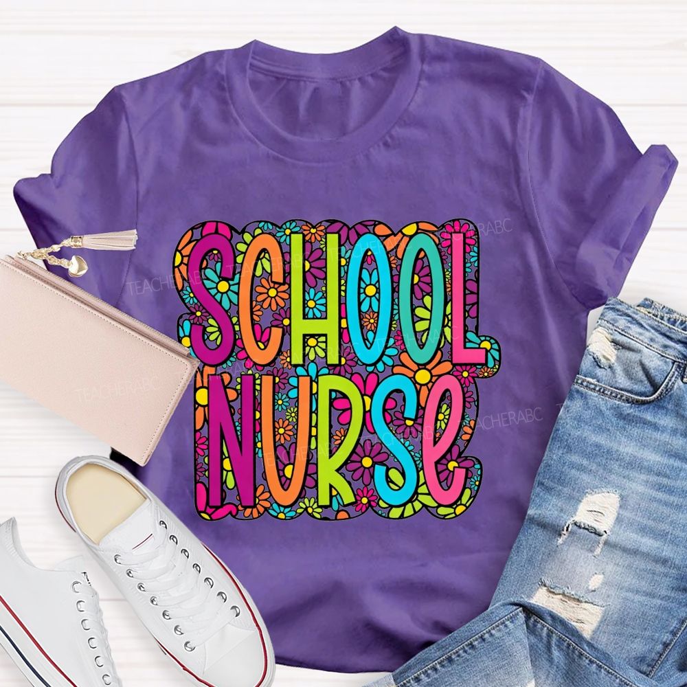 School Nurse Bright Multicolor Floral Letter Wildflower T-shirt